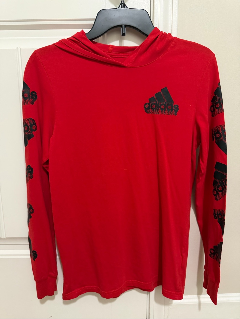 Adidas Red Long Sleeve Hooded Tee with Logo Accents